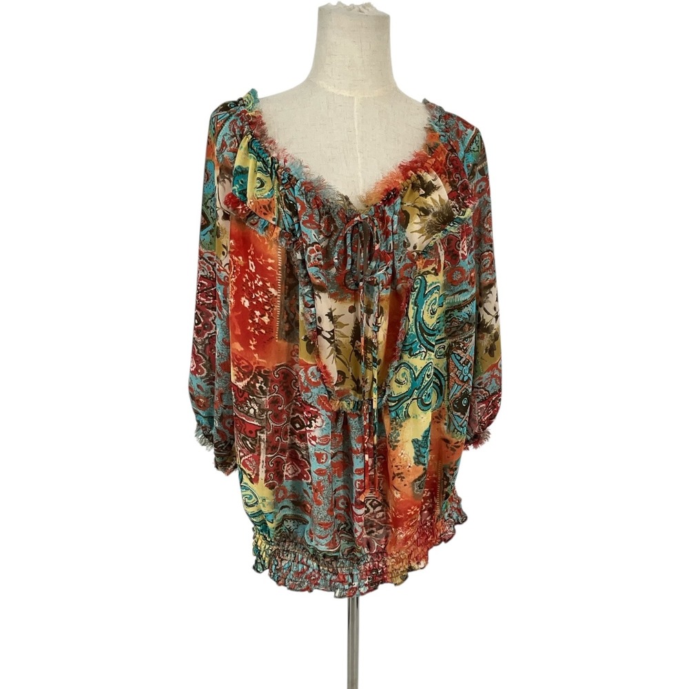 Violet & Claire Boho Paisley Print Lace Trim Tie Neck Blouse Women's XL
